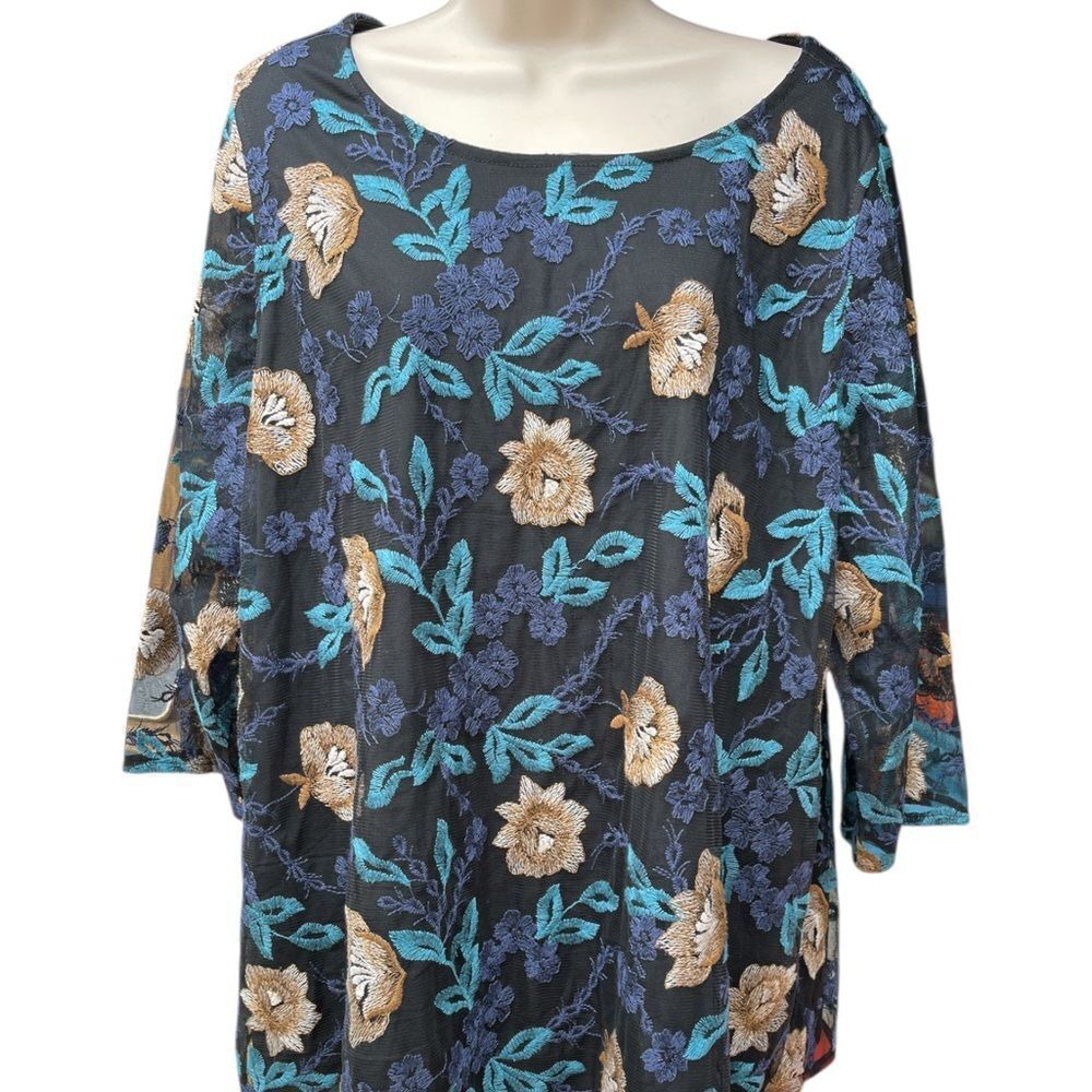 Catherines Black Top with Blue and Tan Floral Embroidery 1X